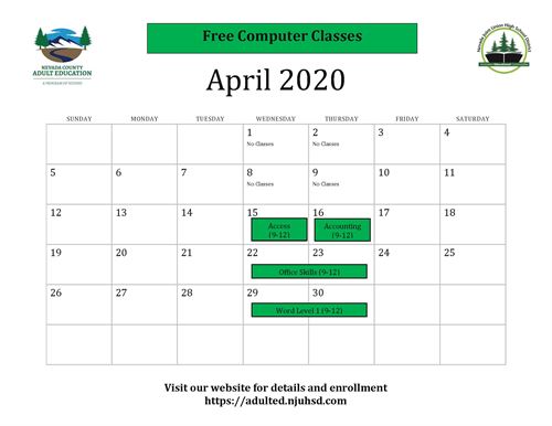 April Calendar of free computer classes